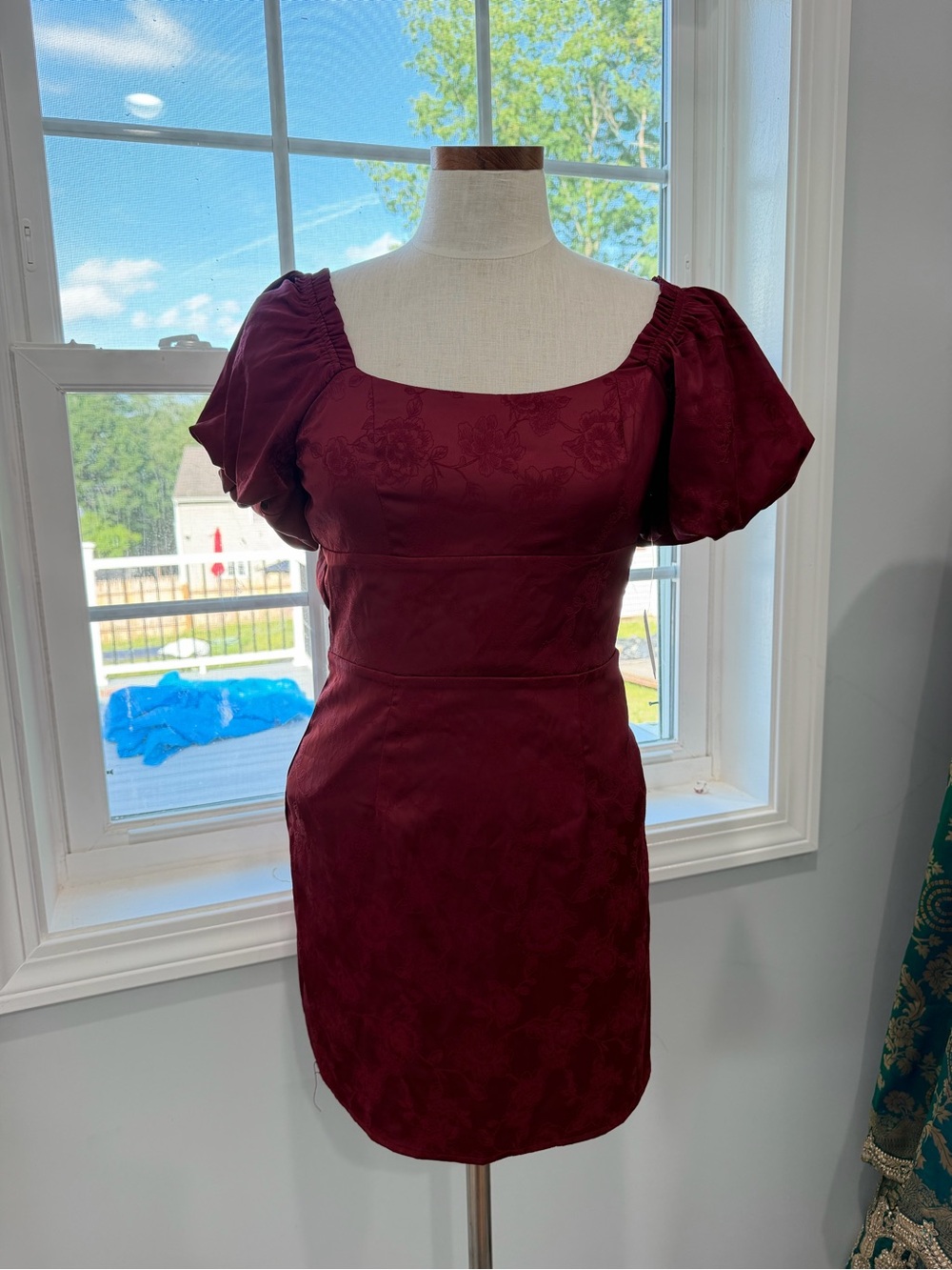 Altar'd State Burgundy Puff-Sleeve Square-Neck Mini Dress